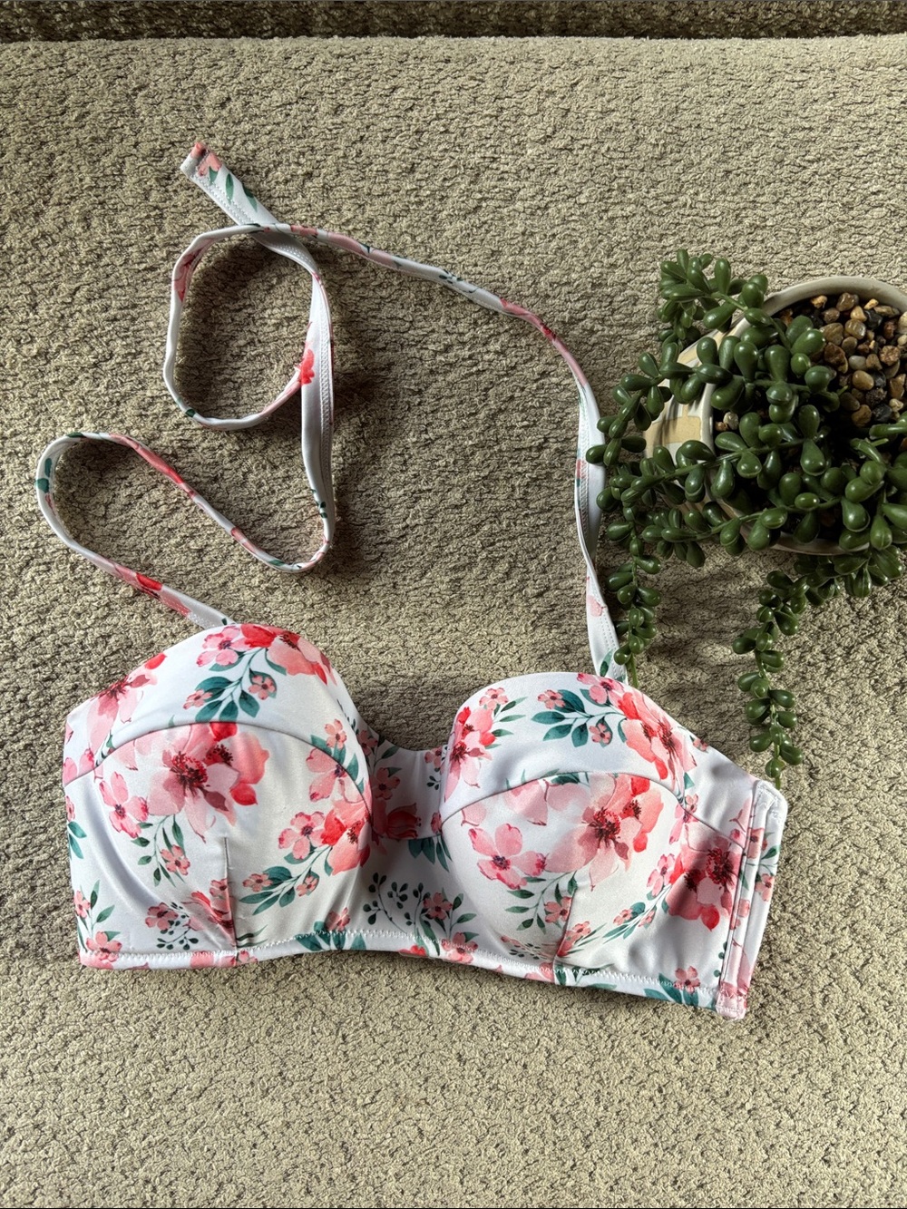 Floral Underwire Strapless Bikini Top - White with Pink Floral